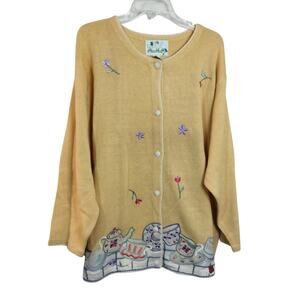 4530)The Quacker Factory Plus Yellow Teacups Floral Embroidery Cottagecore 3X